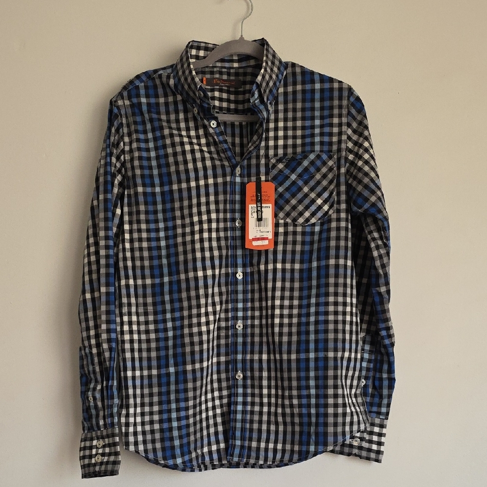 NWT Ben Sherman Blue and Black Plaid Button-Down Shirt